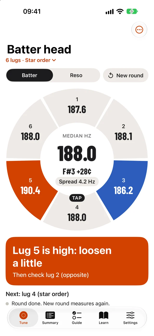 Lugwise lug map: six lugs of a batter head with their pitch in hertz, lug 5 high in orange, lug 3 low in blue, and the instruction Lug 5 is high: loosen a little