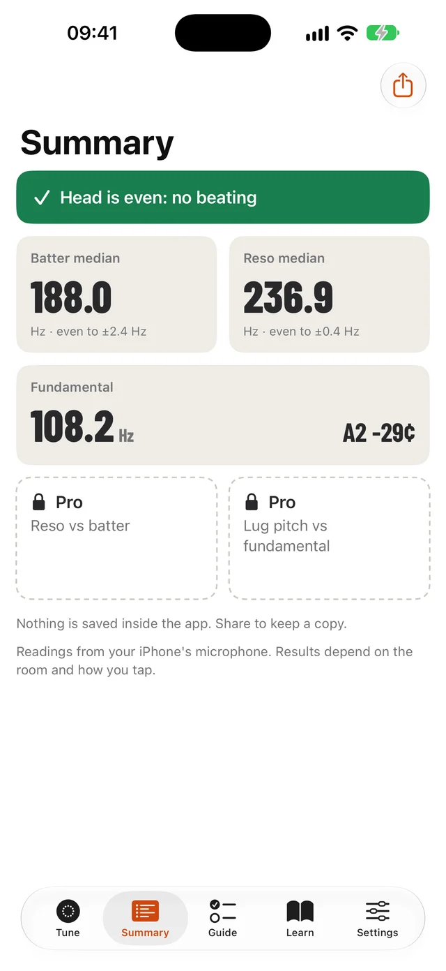 Summary with batter median 188.0 Hz, reso median 236.9 Hz and fundamental 108.2 Hz