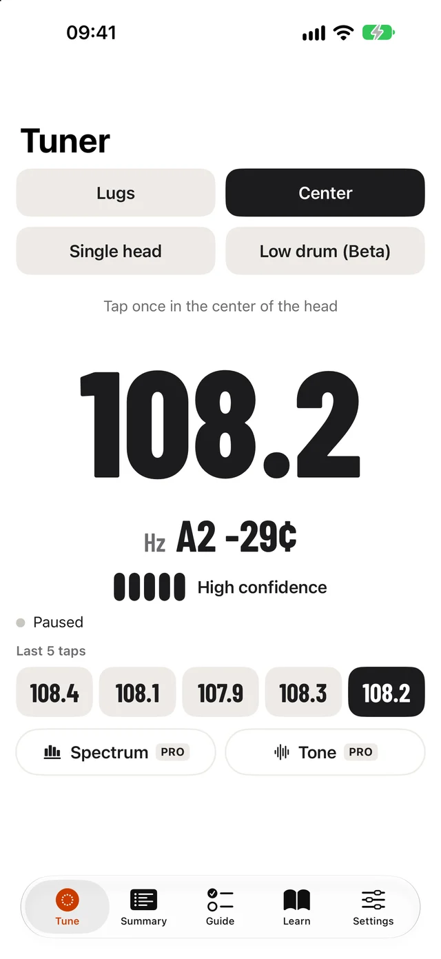 Center tap reading 108.2 Hz, note A2, high confidence, last five taps